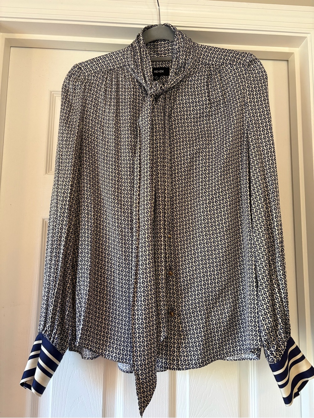 ME+EM Navy Cream Geometric Print Tie Neck Blouse US 10 UK 14